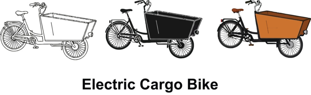 Collection of electric cargo bikes including sketch black and orange designs representing urban delivery and transport solutions
