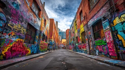 Naklejka premium Vibrant Urban Art: Colorful Graffiti Alleyway with Dramatic Sky, Featuring Architectural Contrasts and Urban Texture