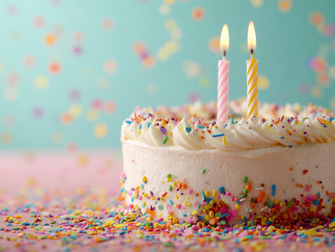 Round birthday cake with glossy white frosting and colorful confetti, two lit candles on top, indoors, warm and natural lighting - AI-Generated