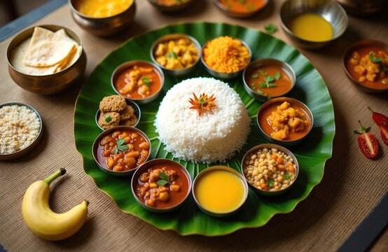 Traditional Onam sadhya served on a banana leaf. Rice sambar rasam curries ghee papadum payasam arranged. South Indian vegetarian feast includes various dishes. Banana present in this photo.