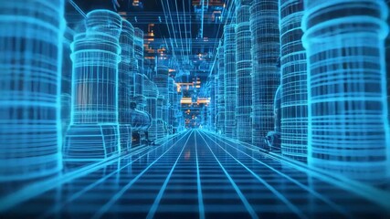 Exploration of a digital cityscape with blue lines and grids representing modern architecture and technology - Powered by Adobe