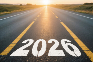 Asphalt Road with Bold 2026 Marking Leading Toward a Golden Sunrise, Symbolizing Future Vision, Progress, Strategic Planning, Long-Term Goals, and Business Growth Journey Ahead