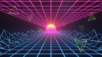 Neon Grid Background with Triangles.