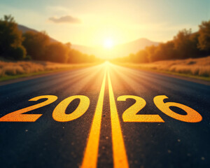 Asphalt Road with Bold 2026 Marking Leading Toward a Golden Sunrise, Symbolizing Future Vision, Progress, Strategic Planning, Long-Term Goals, and Business Growth Journey Ahead