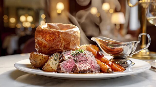 Sunday roast beef with Yorkshire pudding and carrots on marble table. Elegant restaurant light, hot steam. Culinary background