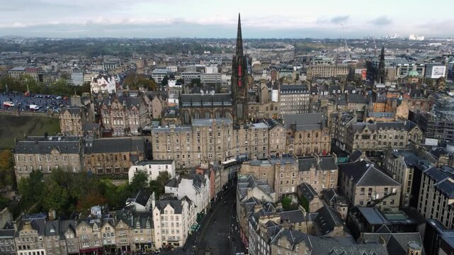 Static drone shot of Scott Monument Edinburgh Scotland