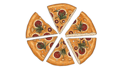 Hand-illustrated gourmet flatbread slices featuring ripe tomatoes and aromatic rosemary a vibrant culinary design