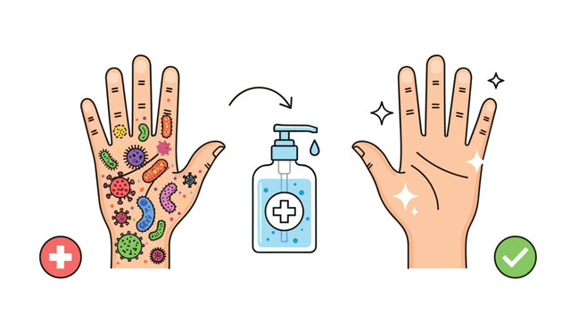 Germs and bacteria on hands being eliminated by hand sanitizer for cleanliness and protection