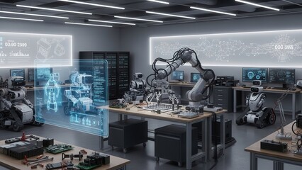 Robotic arms in futuristic laboratory with holographic displays in cool blue lighting for technology and innovation.