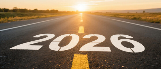 Asphalt Road with Bold 2026 Marking Leading Toward a Golden Sunrise, Symbolizing Future Vision, Progress, Strategic Planning, Long-Term Goals, and Business Growth Journey Ahead