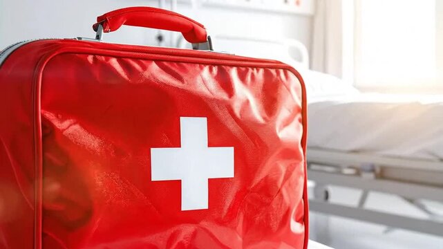 Red first aid kit with white cross symbol in a hospital room setting.