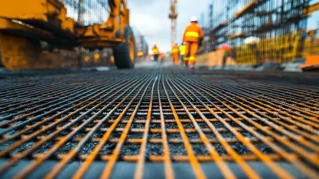 Workers lay rebar at a construction site in the city during daylight hours with equipment in the background