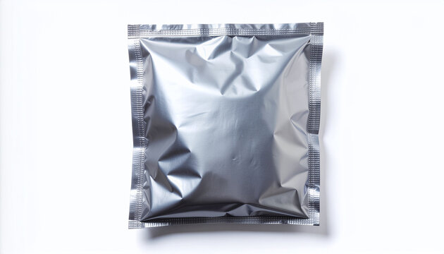 Top View Mockup of Blank Metallic Silver Foil Poly Mailer Shipping Bag Isolated on White Background for E-commerce Packaging Design