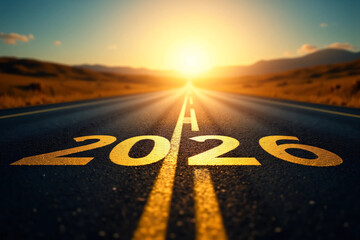 Asphalt Road with Bold 2026 Marking Leading Toward a Golden Sunrise, Symbolizing Future Vision, Progress, Strategic Planning, Long-Term Goals, and Business Growth Journey Ahead