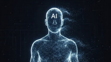 Human silhouette with AI text in head in futuristic digital blue lighting with particle effects for technology and artificial intelligence themes.