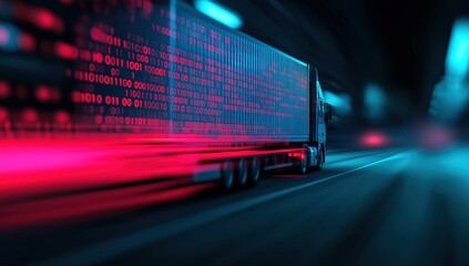 Semi-truck driving fast, carrying digital binary data on its container, representing modern logistics and smart transportation