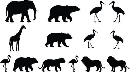Wildlife animal silhouettes set elephant bear giraffe flamingo lion panther safari vector collection isolated design white background icon nature zoo © Hanif World