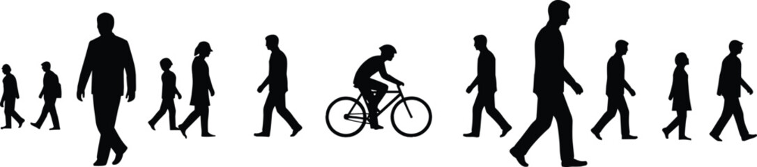 Obraz premium Walking People Silhouettes with Cyclist, Crowd Movement Concept, Urban Commuting, Daily Life, Isolated Black Figures on White Background