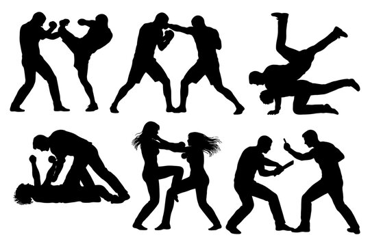Mixed martial arts silhouettes: men and women sparring in various combat poses.