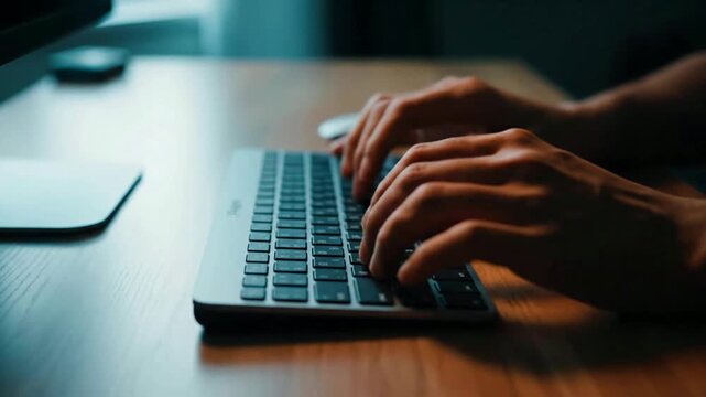 Close-up of human hands diligently typing on a sleek, modern keyboard in a dimly lit, focused work environment, symbolizing digital productivity and efficient data input