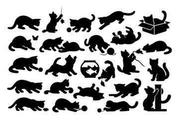 Silhouettes of playful cats in various poses with toys and accessories.