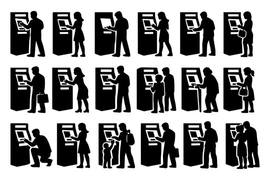 Silhouette figures: men and women using atms in various poses.