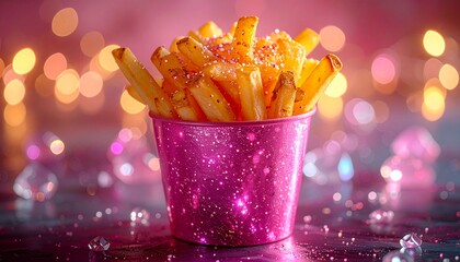 Golden French Fries in Pink Glitter Box with Sparkling Background