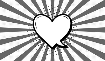 A heart-shaped speech bubble in retro comic style on a black and white background. Speech bubbles with semitones and radial rays, or elements of cartoon design, comics. Vector illustration.