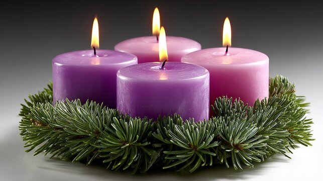 Advent wreath with burning candles symbolizing the four weeks leading up to Christmas