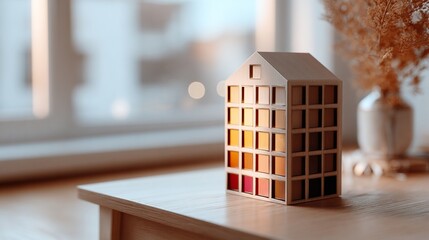 Wooden miniature house model with colorful grid pattern on a table in a softly lit modern interior
