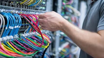 Closeup of a technician neatly bundling internet cables inside a server room highlighting efficient data cable management and organized network setups.