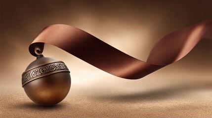 Elegant bronze Christmas ornament with decorative swirl and ribbon on a soft textured surface