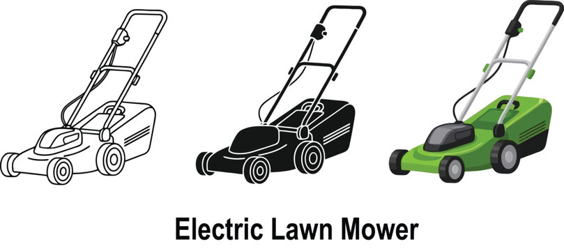 Collection of electric lawn mower icons including outline solid black and color vector illustrations for gardening and landscaping concepts
