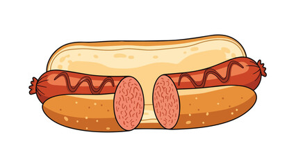 A vibrant cartoon depicting a classic hot dog, neatly sliced open, nestled in a golden bun, highlighting its textured sausage interior with a
