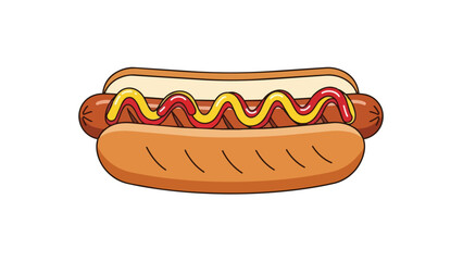 A vibrant cartoon illustration of a classic American hot dog with mustard and ketchup on a soft bun