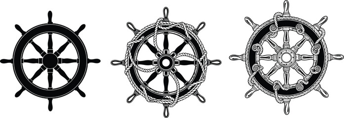 Ship wheel illustrations, nautical icons, maritime helm designs, rope detail, black silhouette, textured steering wheel, sea navigation, vintage marine symbol © Tanzila