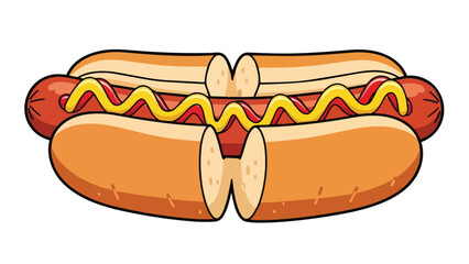 Vibrant cartoon hot dog illustration, symmetrically split, showcasing a frankfurter in a golden bun, with bright yellow mustard, a delightful and