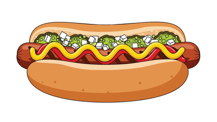 Cartoon depiction of a classic hot dog in a bun, adorned with vibrant relish, ketchup, and mustard.