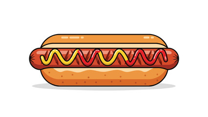 A vibrant cartoon illustration of a classic hot dog, featuring a grilled frankfurter in a golden bun, generously topped with yellow mustard and red