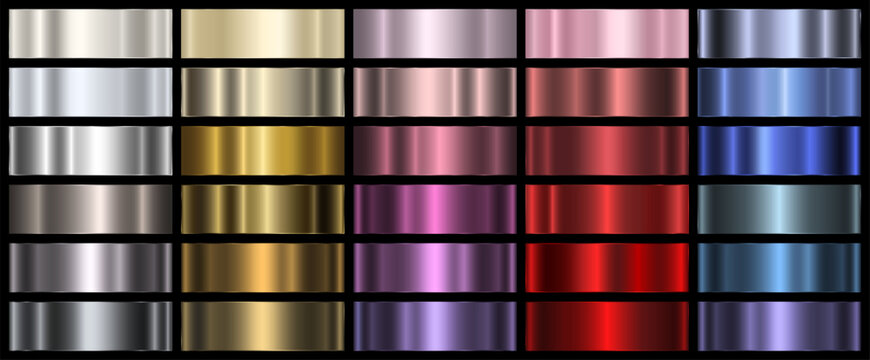 A set of metallic gradients of different colors on a black background. A collection of colored gradients with metallic texture. Polished glossy abstract backgrounds. Vector EPS 10.