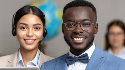 Professional business team with diverse members smiling confidently in a modern office environment with global connectivity