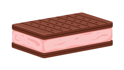 Delicious pink strawberry flavored ice cream dessert bar nestled between two rich chocolatey wafer cookies a classic frozen sweet treat illustration