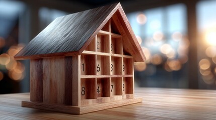 Wooden calendar block display with numbers on a table against soft blurred lights