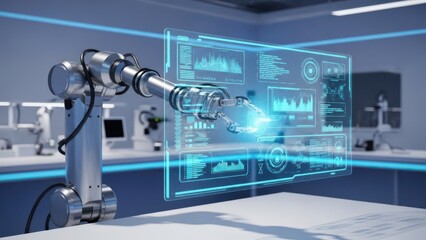 Robotic arm interacting with futuristic holographic interface in bright blue lighting with clean digital display for technology and innovation.