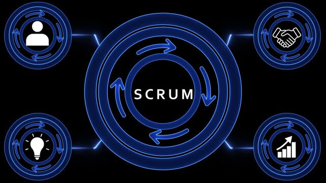 Scrum Methodology Circular Diagram with Icons for Teamwork Growth Idea and Person Keywords: scrum, methodology, diagram, cycle, process, workflow, business, teamwork, growth, idea, person, user