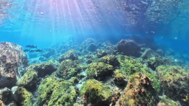 Man snorkeling underwater with tropical fish near an abundant coral reef, exploring marine life and enjoying a Caribbean holiday at Anse Dufour beach in Martinique