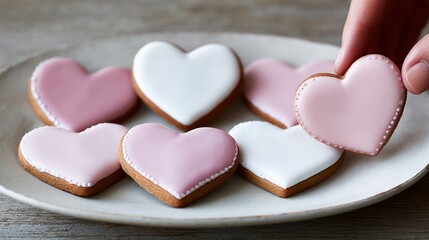 Obraz premium Heart-shaped cookies with pink and white icing displayed on a plate with a hand picking one up