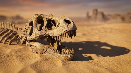 Fossilized dinosaur skull resting on sandy terrain, showcasing intricate bone structure and shadows, representing the wonders of paleontological discoveries and ancient life forms