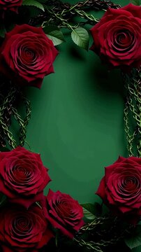 Elegant Dark Green Oval Frame of Twisting Vines and Deep Red Roses with Lush Leaves for Romantic or Gothic Designs