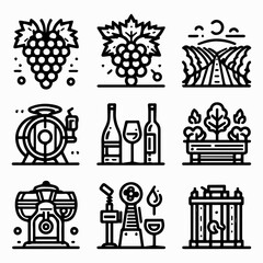 Fototapeta premium A set of nine black and white line icons depicting wine and vineyard related objects on a white background with a minimalist style.